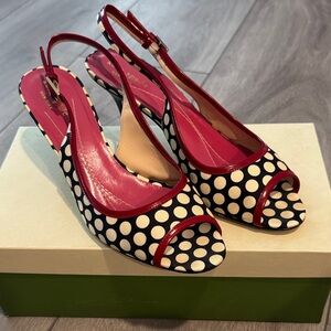 kate spade Black & White Polka Dot Slingback Peep-Toe Pumps with Red Trim